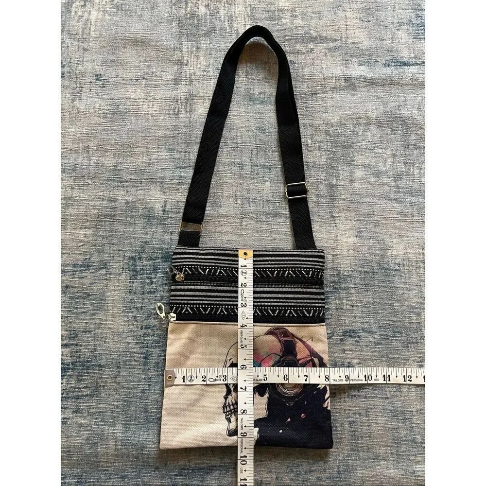 Skull Wearing Headphones Cotton Canvas Double Pocket Crossbody Shoulder Pouch - Picture 6 of 7